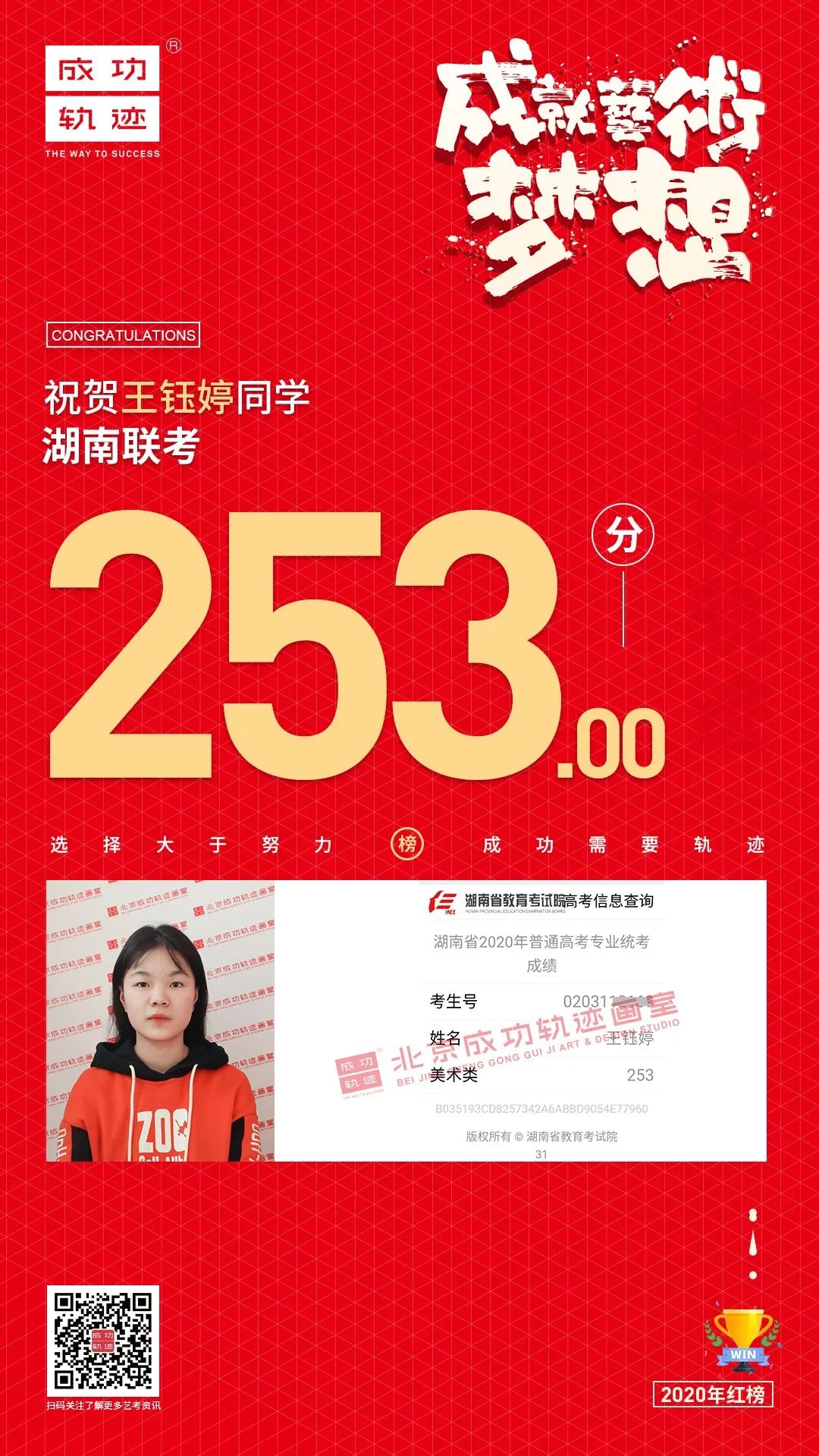 北京成功軌跡畫(huà)室湖南聯(lián)考王鈺婷同學(xué)成績(jī)