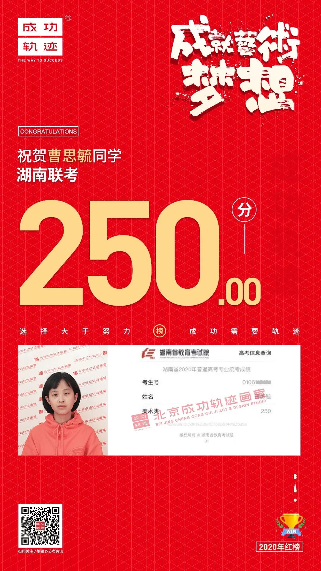北京成功軌跡畫(huà)室湖南聯(lián)考曹思毓同學(xué)成績(jī)