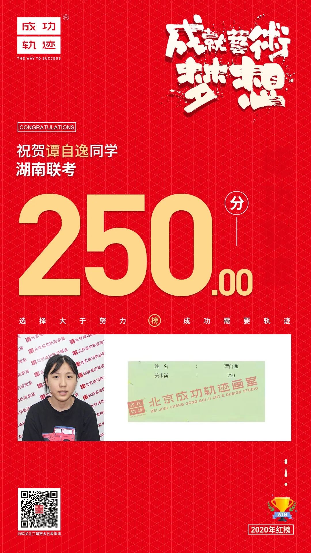 北京成功軌跡畫(huà)室湖南聯(lián)考譚自逸同學(xué)成績(jī)