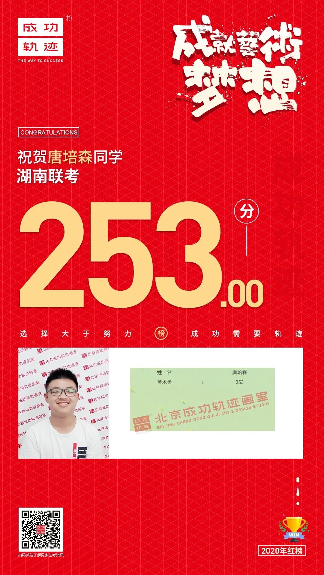 北京成功軌跡畫(huà)室湖南聯(lián)考唐培森同學(xué)成績(jī)